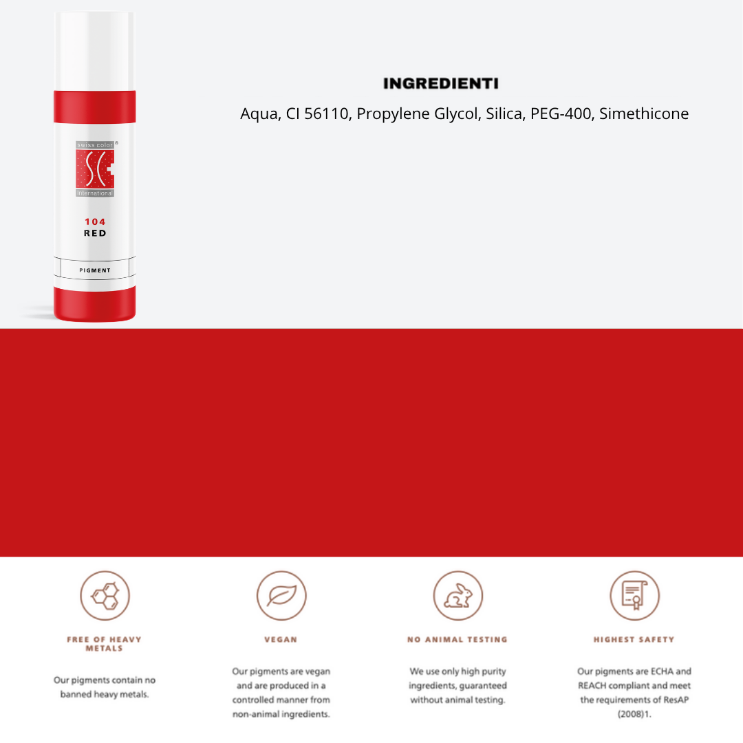 Pigmento 104 Red Swiss Color 10 ml con lista ingredienti – Formula organica CI 56110 per colorazioni PMU labbra.
