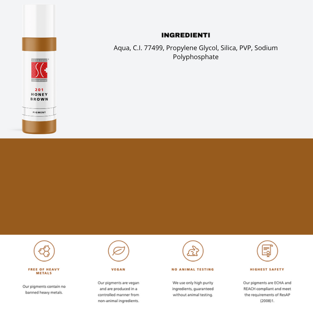 Pigmento 201 Honey Brown Swiss Color 10 ml con ingredienti – ossidi di ferro CI 77491–92–99 per PMU biondo miele caldo.