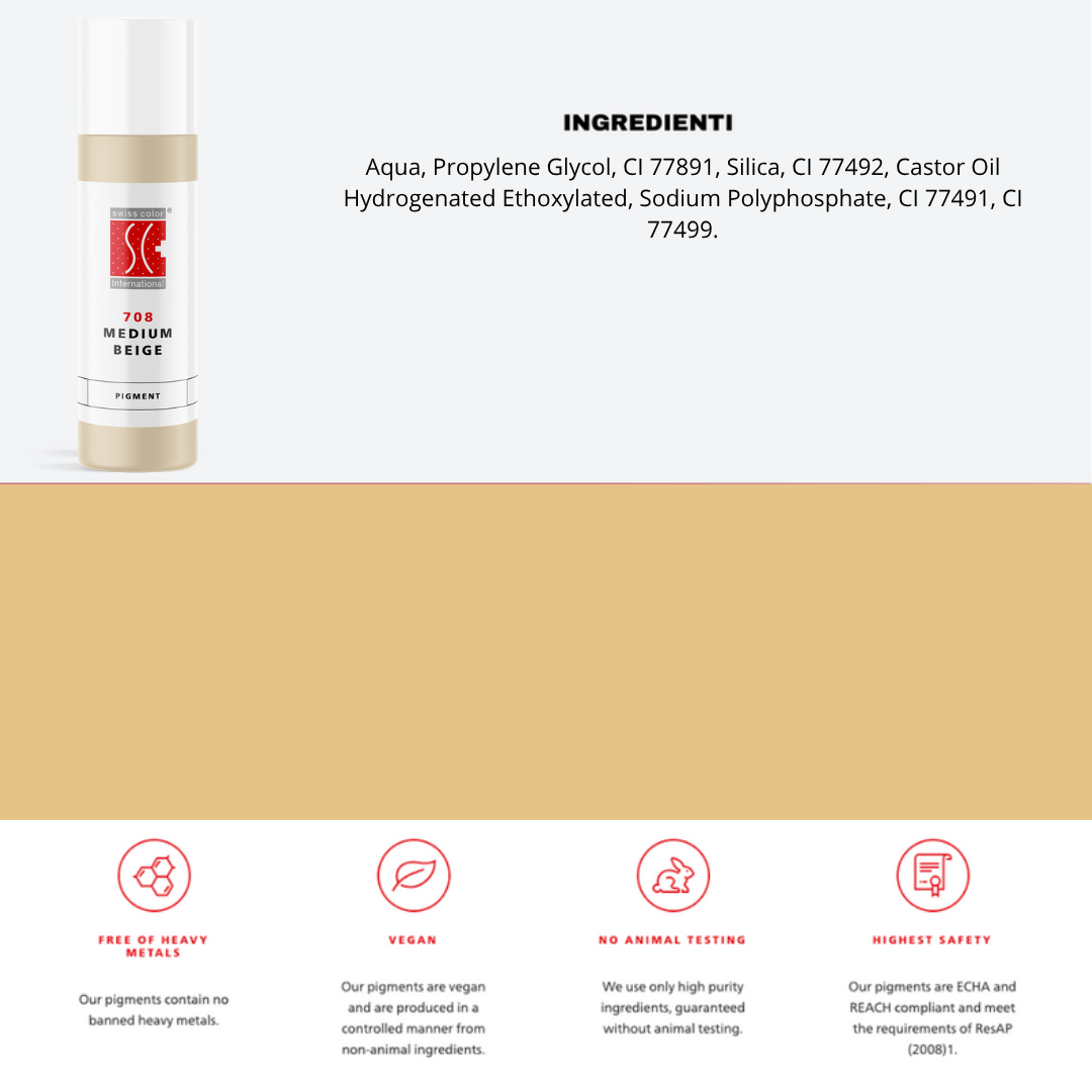 Pigmento 708 Medium Beige Swiss Color in flacone da 10 ml, lista ingredienti visibile – Formula minerale purificata per camouflage e correzioni PMU.