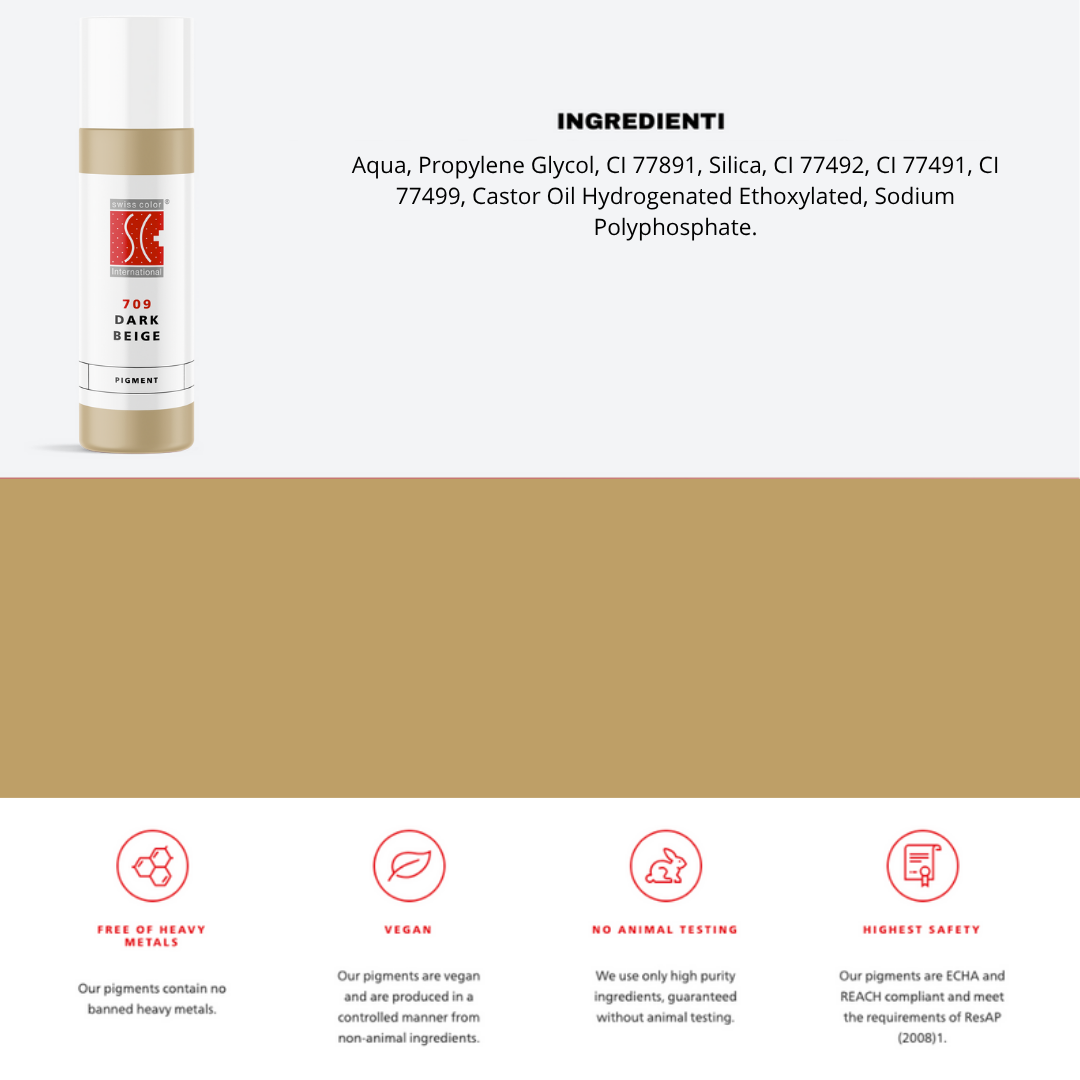 Pigmento 709 Dark Beige Swiss Color in flacone da 10 ml, lista ingredienti visibile – Formula minerale purificata per camouflage e areola PMU.