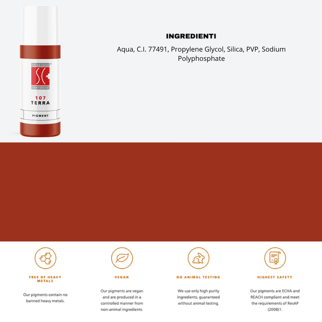 Pigmento 107 Terra Swiss Color 5 ml con lista ingredienti – ossido di ferro CI 77491 per pigmentazioni calde e durature.