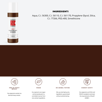 Pigmento 203 Chocolate Brown Swiss Color 10 ml con ingredienti – ossidi di ferro e CI 77266 per sopracciglia PMU calde e naturali.