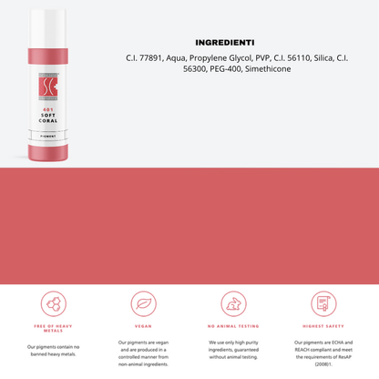 Pigmento 401 Soft Coral Swiss Color – Flaconi da  10 ml con lista ingredienti visibile. Formula ibrida stabile per PMU labbra e tono corallo soft.