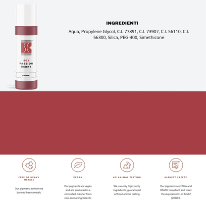 Pigmento 403 Passion Berry Swiss Color – Flaconi da 5 ml e 10 ml con lista ingredienti visibile. Formula ibrida stabile per PMU labbra e areola.
