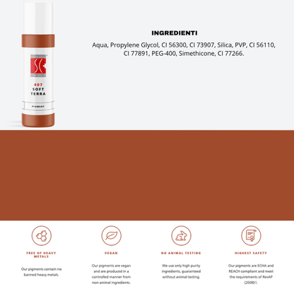 Pigmento 407 Soft Terra Swiss Color – Flacone da 10 ml con lista ingredienti visibile. Formula bilanciata per PMU labbra e areola, colore cannella caldo e naturale.