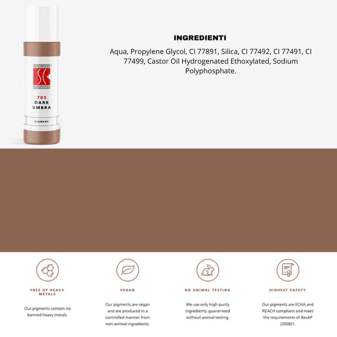 Pigmento 705 Dark Umbra Swiss Color in flacone da  10 ml, lista ingredienti visibile – Formula minerale purificata per labbra e areola PMU.