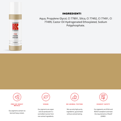 Pigmento 709 Dark Beige Swiss Color in flacone da  10 ml, lista ingredienti visibile – Formula minerale purificata per camouflage e areola PMU.