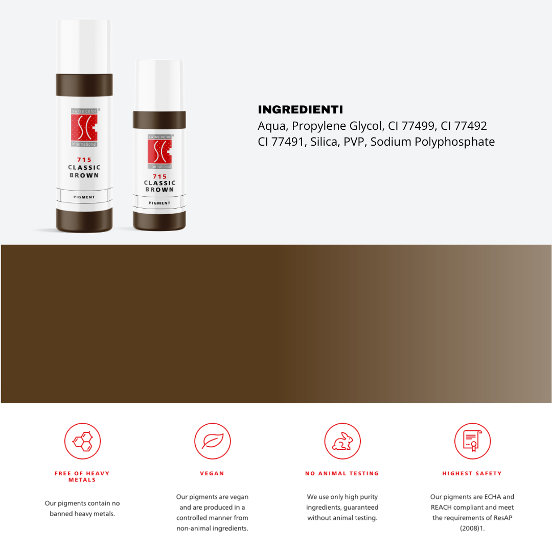 Pigmento 715 Classic Brown Swiss Color in flaconi da 5 ml e 10 ml con etichetta ingredienti visibile – Formula inorganica purificata della Serie 7 per sopracciglia PMU, conforme REACH, ideale per risultati eleganti, freddi e duraturi.