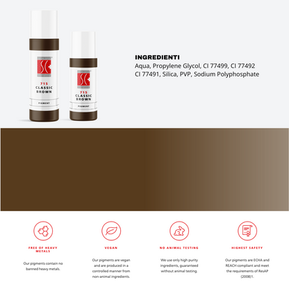 Pigmento 715 Classic Brown Swiss Color in flaconi da 5 ml e 10 ml con etichetta ingredienti visibile – Formula inorganica purificata della Serie 7 per sopracciglia PMU, conforme REACH, ideale per risultati eleganti, freddi e duraturi.