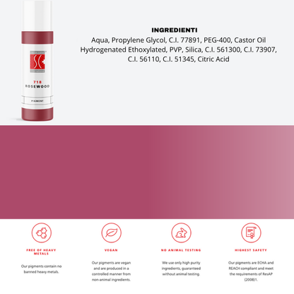 Dettaglio ingredienti pigmento 718 Rosewood Swiss Color – flaconi 5 ml e 10 ml, formula ibrida per trucco permanente labbra e areola.