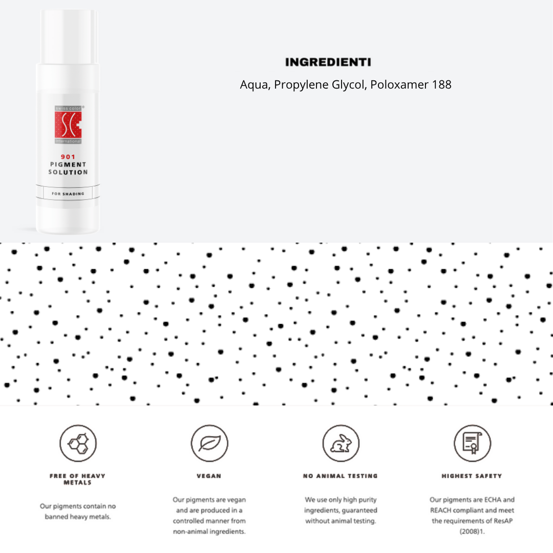 Ingredienti e utilizzo della 901 Pigment Solution Swiss Color – Aqua, Propylene Glycol, Poloxamer 188, formula per diluire pigmenti PMU.