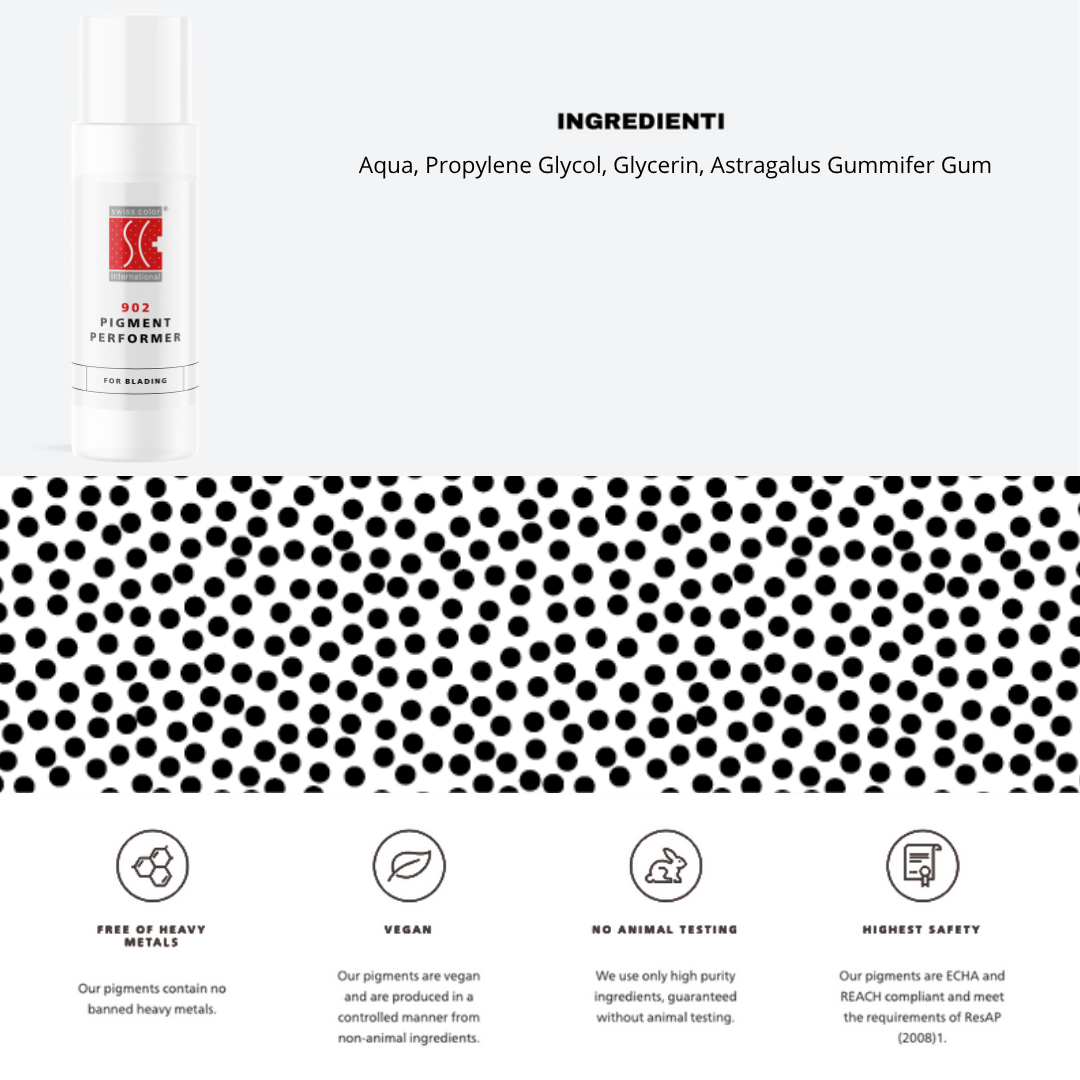 Additivo 902 Pigment Performer Swiss Color 15 ml con ingredienti visibili – formula con Glicerina e Gomma Astragalo per pigmenti PMU.
