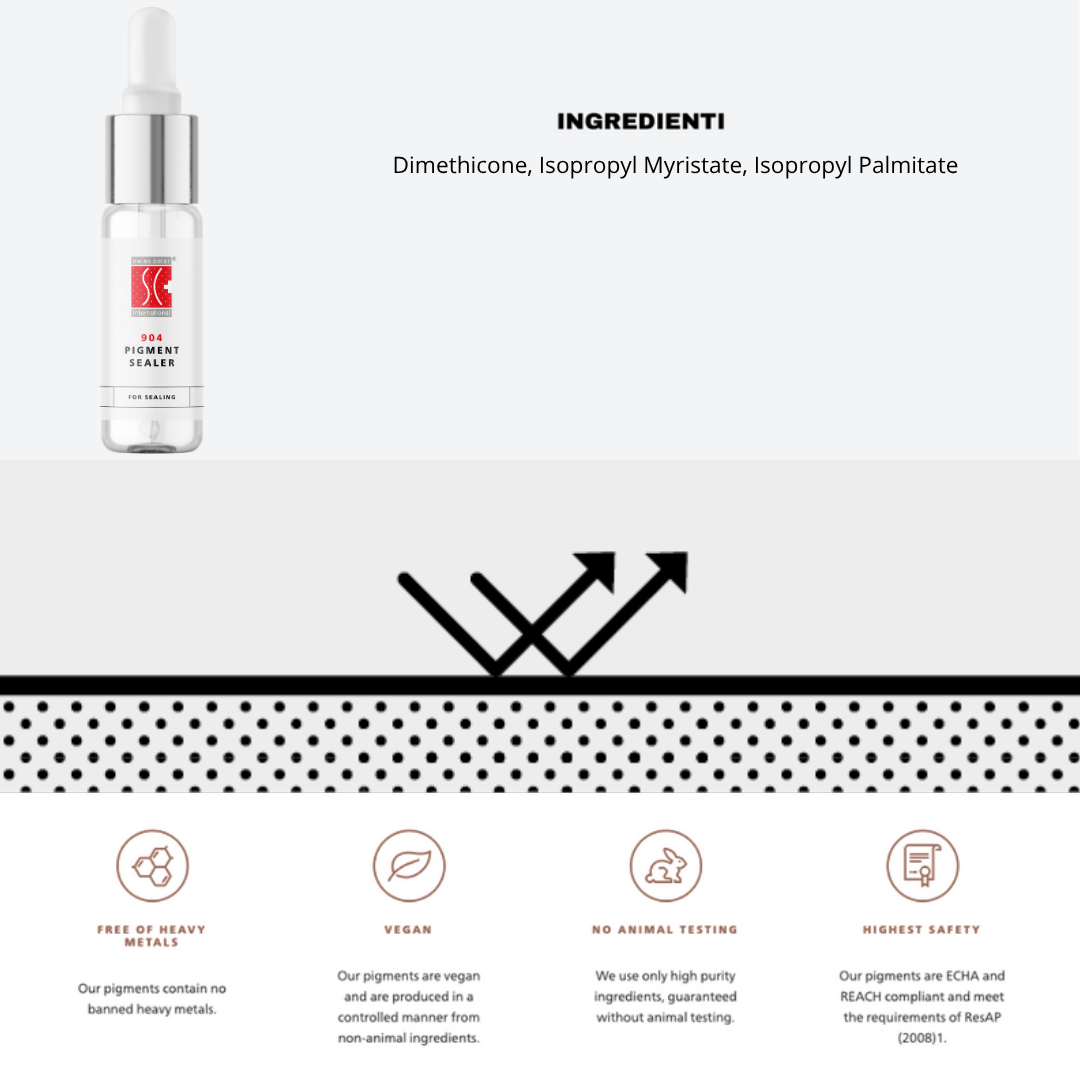 Sigillante 904 Pigment Sealer Swiss Color 15 ml – formula con Dimethicone, Isopropyl Myristate e Isopropyl Palmitate per protezione PMU.