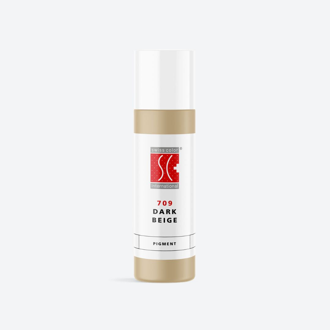 Flacone pigmento 709 Dark Beige – Beige scuro con nota miele per camouflage e areola PMU Serie 7 Swiss Color, formula minerale purificata e coprente.